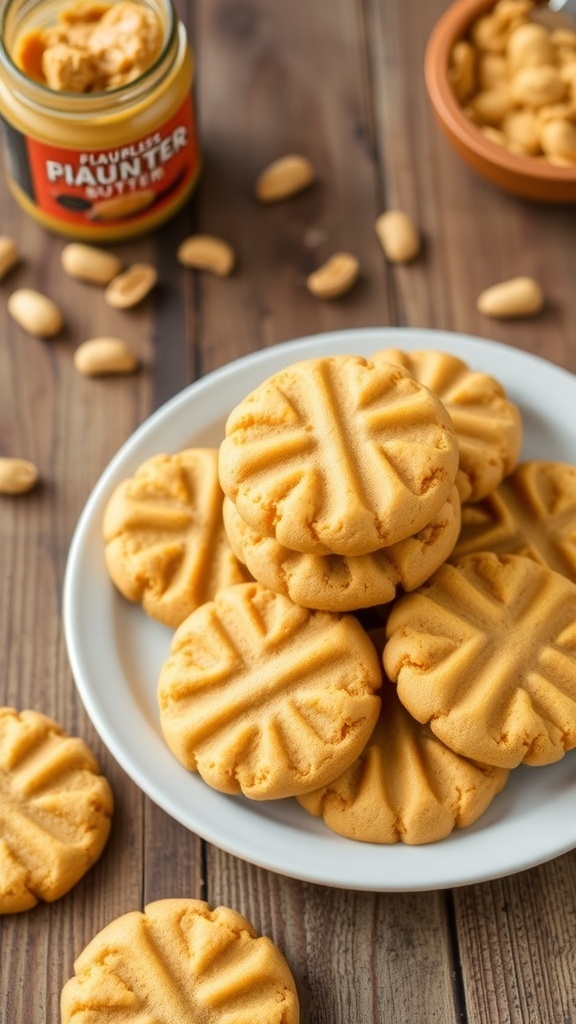 A plate of flourless peanut butter cookies with a crisscross pattern, surrounded by peanut butter and peanuts.